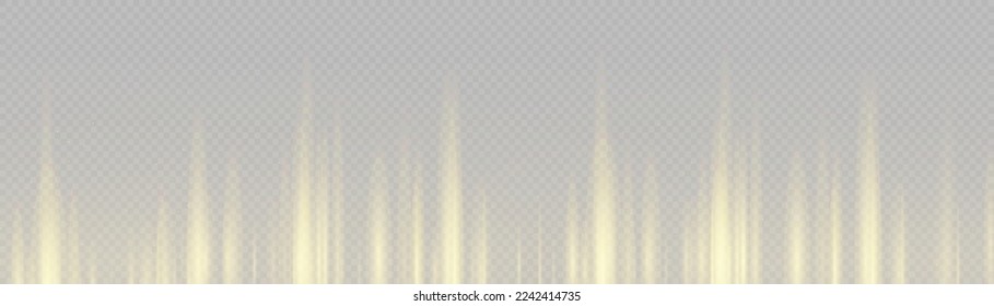 Yellow stripe vertical lines. Abstract glow light lines, motion light of high speed car. Gold lights shiny vertical line glitters holiday festival on dark background. long trails fire speed. Vector.