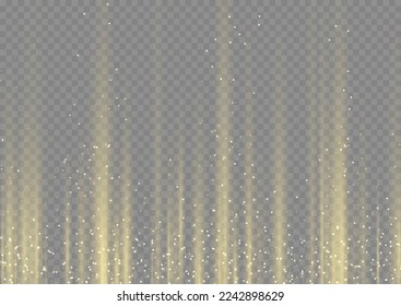 Líneas verticales de rayas amarillas. Resumen de líneas de luz de resplandor, luz de movimiento del coche de alta velocidad. Luces de oro brillan en línea vertical y reluce festival de vacaciones en fondo oscuro. la velocidad del fuego en los senderos largos. Vector.