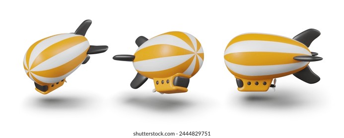 Yellow striped airship in different positions. Set for creating effect of maneuvering in sky