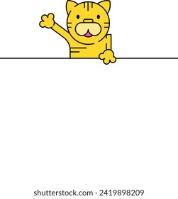 Yellow striped cartoon cat peeking over edge with waving paw. Cute feline character greeting happily, minimal design vector illustration.