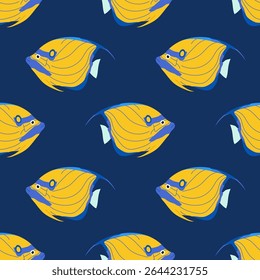 Yellow striped fish. Pattern with tropical fish on blue background. For ocean-themed textiles, wallpapers and packaging, postcards or covers.