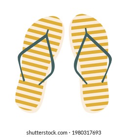 Yellow striped flip flops with green partition. Trending trendy colors. Slippers isolated on white. Design element, T-shirt printing, pillow decor, travel and vacation attributes. Vector graphics