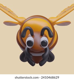 Yellow striped insect flying on yellow background. Front view on hornet wasp mascot. Dangerous wasp insect cartoon character. Vector illustration in 3d style