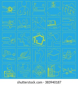 yellow striped Insurance icons drawing in square on blue background. Vector style