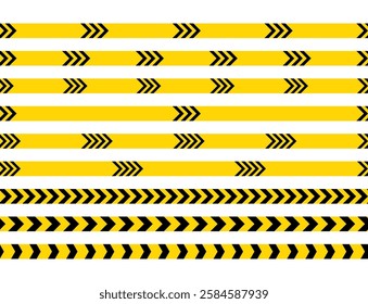 Yellow striped police ribbon. Seamless barrier borders for criminal accident zones. Crime scene tape. Set warning tapes lines for restriction of crime places. Vector illustration.