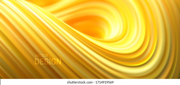 Yellow striped wave. Liquid flowing shape. Vector 3d illustration. Abstract colorful background. Vibrant gradient stream. Fluid paint wallpaper. Modern cover design