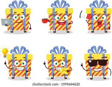 Yellow stripes gift cartoon character with various types of business emoticons. Vector illustration