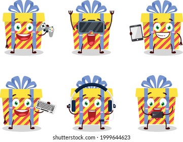 Yellow stripes gift cartoon character are playing games with various cute emoticons. Vector illustration