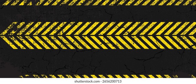 Rectángulo de rayas amarillas sobre fondo gris oscuro. Signo de advertencia en blanco y espacio de texto. Antecedentes De Advertencia. Peligro, precaución, cinta grunge.