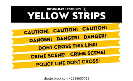 Yellow strips, Caution tape set of yellow warning ribbons. Abstract warning lines for police, accident, under construction. Vector danger tape collection.
