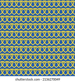 Yellow Stroke Heart Shape On Blue Background. Happy Valentine's Day. Hearts Pattern On Blue Backdrop. Love Hearts. Love For Ukraine Heart Outline Pattern