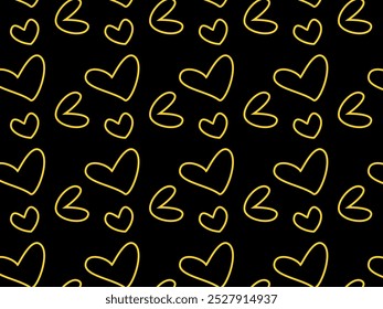 Formas de corazón de trazo amarillo diseño sin fisuras con tema de fondo oscuro. El corazón ama el diseño del Vector del patrón del doodle. Cariño. Devoción
