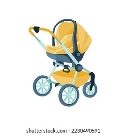 Yellow stroller for babies vector illustration. Buggy or carriage for newborn children isolated on white background. Safety, transportation, baby care concept