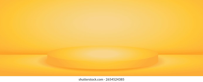 Fondo de estudio amarillo con pedestal de podio. Bolsa de limbo para presentación de productos. Moderno Anuncio con espacio vacío para texto publicitario. Ilustración vectorial