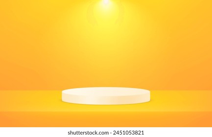Fondo amarillo de la sala de estudio. Podio de pedestal de cilindro blanco. Abstractas diseño de plataforma de estudio. Habitación vacía con efecto de luz. soporte para productos.
