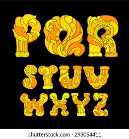 Yellow stylish delicate drop caps with floral ornament. Sunny font with natural pattern, P, Q, R, S, T, U, V, W, X, Y, Z. 