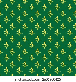 Yellow stylized flowers arranged in a symmetrical repeating design over a green background, creating a decorative and seamless pattern for textiles, wallpapers, or graphic designs.