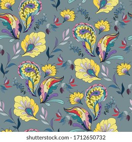 Yellow stylized flowers and paisley on a gray background. Seamless vector pattern in oriental style. Square repeating ornament for fabric, design of cards, wallpapers.