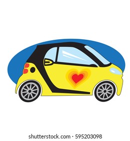 A yellow sub compact style car with a red heart on the door 
