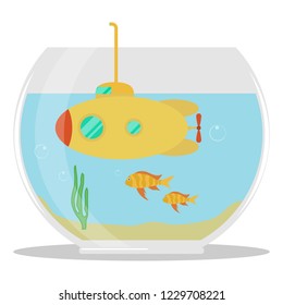 Yellow submarine in aquarium with fish. A yellow submarine swims under water in an aquarium. Vector.