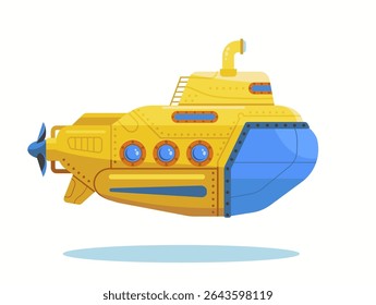 Yellow Submarine, Bathyscaphe cartoon boat, sea research transport. Vector