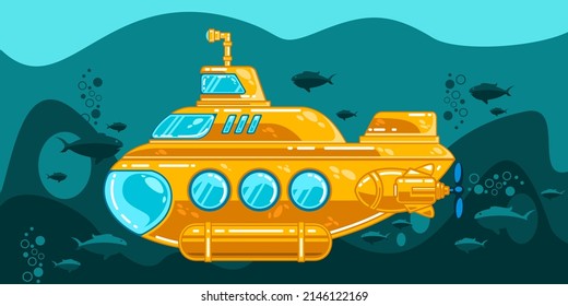 yellow submarine beatles. Underwater with fish. Ocean background. Expedition in the depths of the sea. Bathyscaphe Flat cartoon style. Vector images.
