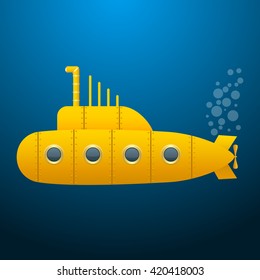 Yellow Submarine . Blue background. Wallpaper. Cartoon style. Vector Image.