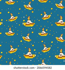 Yellow submarine with bubbles. The Beatles. Seamless pattern. A hand-drawn doodle-style illustration.