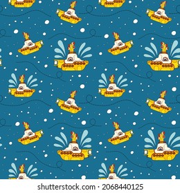 Yellow submarine with bubbles and dotted lines. The Beatles. Seamless pattern. A hand-drawn doodle-style illustration.