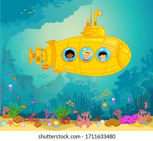 Yellow submarine with children on board.