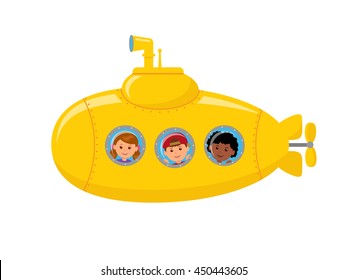 Yellow submarine with children on board. Children looking at the porthole. Isolated vector illustration of a underwater Journey.