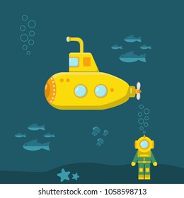 Yellow submarine with diver underwater surrounded by fish and jellyfish.