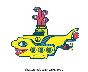 Yellow submarine diving in the depths of sea, sixties psychedelic art cartoon illustration