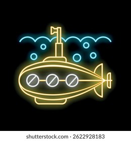 Yellow submarine diving in neon style on black background