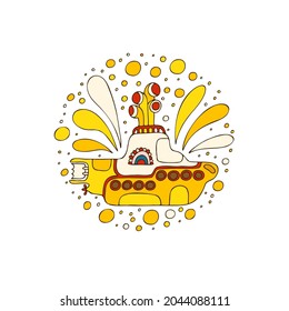 Yellow submarine in doodle style. Hand drawn logo. White background.
