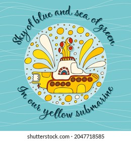 Yellow submarine in doodle style. Hand drawn logo with lettering.