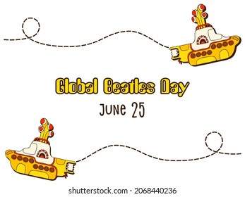 Yellow submarine in doodle style. Hand drawn logo. Global Beatles Day - June 25.
