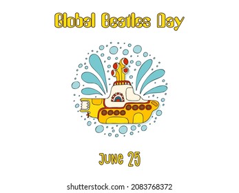 Yellow submarine in doodle style. Hand drawn logo. Global Beatles Day - June 25.