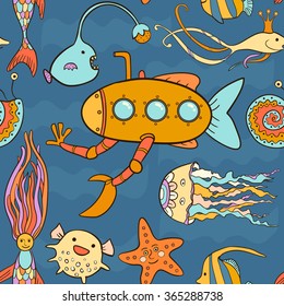 Yellow submarine and fantastic underwater world. Vector illustration.