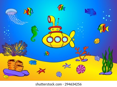 Yellow Submarine And Fish Under Water. Seahorse, Jellyfish, Coral And Starfish On The Ocean Floor. Vector Illustration