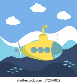 Yellow Submarine with fishes in sea Undersea boat flat design Vector illustration