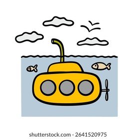 Yellow submarine is floating deep underwater. Vector illustration of an underwater vehicle with a motor and portholes in the ocean.