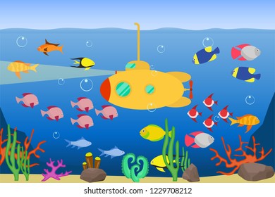 A yellow submarine floats underwater and illuminates the seabed. Yellow submarine floats in the ocean against the backdrop of the sea landscape. Seascape. Vector.