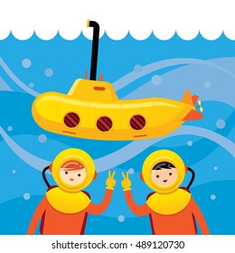 Yellow Submarine with Kids Diving under the Sea Travel, Research