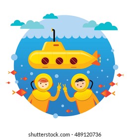 Yellow Submarine with Kids Diving under the Sea Travel, Research