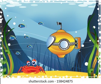 Yellow submarine and marine inhabitants under water