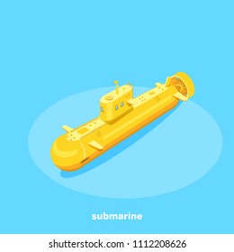 yellow submarine on a blue background, isometric image