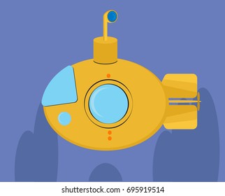 Yellow Submarine with periscope, cartoon, underwater ship Vector design. 