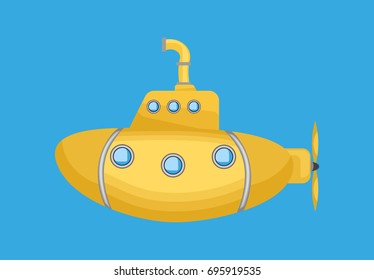 Yellow Submarine with periscope, cartoon, underwater ship Vector design. 