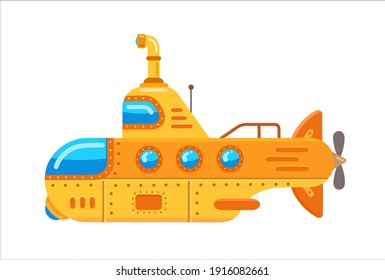 Yellow submarine with a periscope. Flat vector illustration isolated on white background
